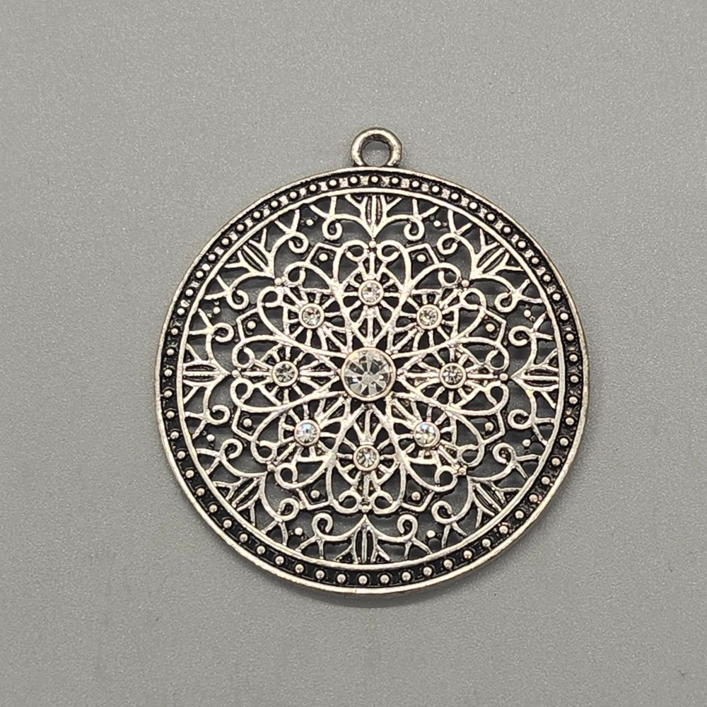 Filigree Mandala Pendant 1.5" Rhinestone Silver Tone Charm Jewelry